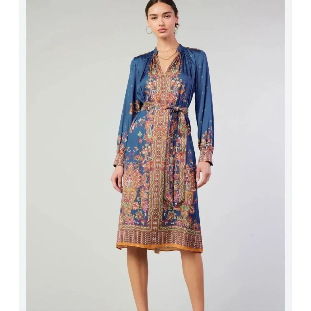 Current Air paisley print midi dress mandarin collar belt loose fit sz XS NWT